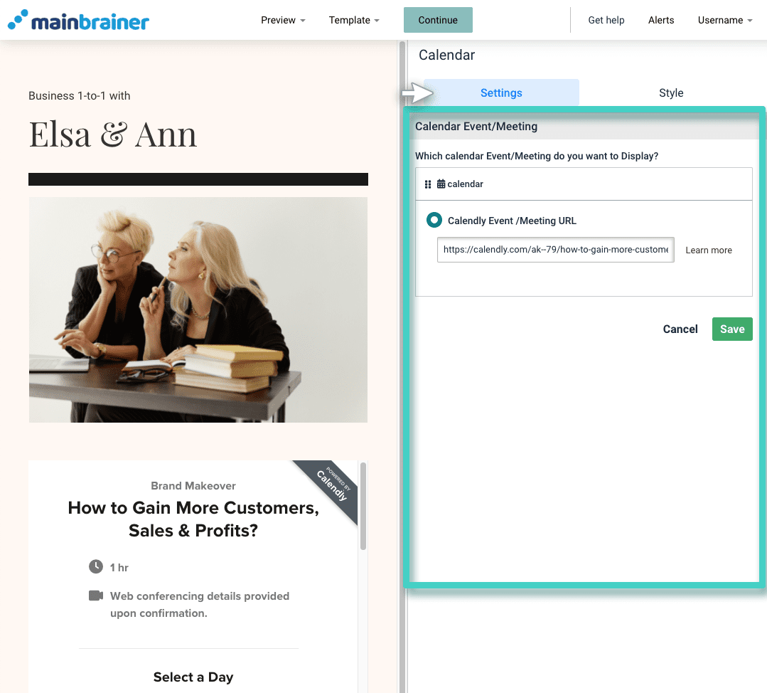 Landing page builder calendar widget settings