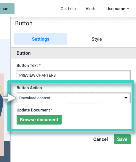 Landing page click action for button. Download content is selected