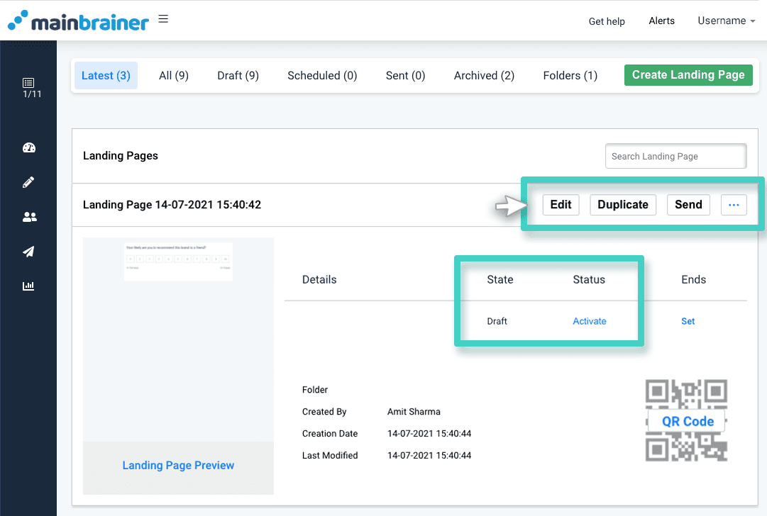 Landing page creations, landing page state and status is highlighted