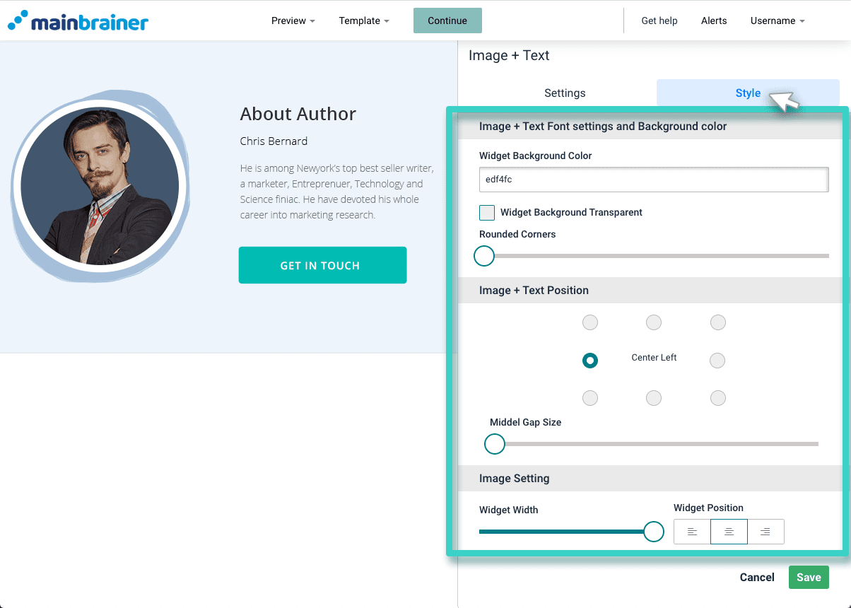 Landing page image and text style Landing page image and text widget. The style tab is highlighted