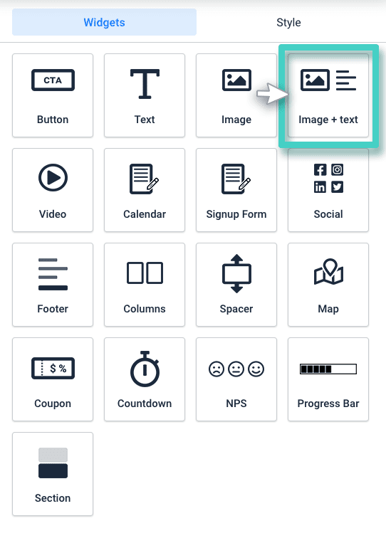Landing page image and text widget Landing page, image and text widget.The image and text widget is highlighted