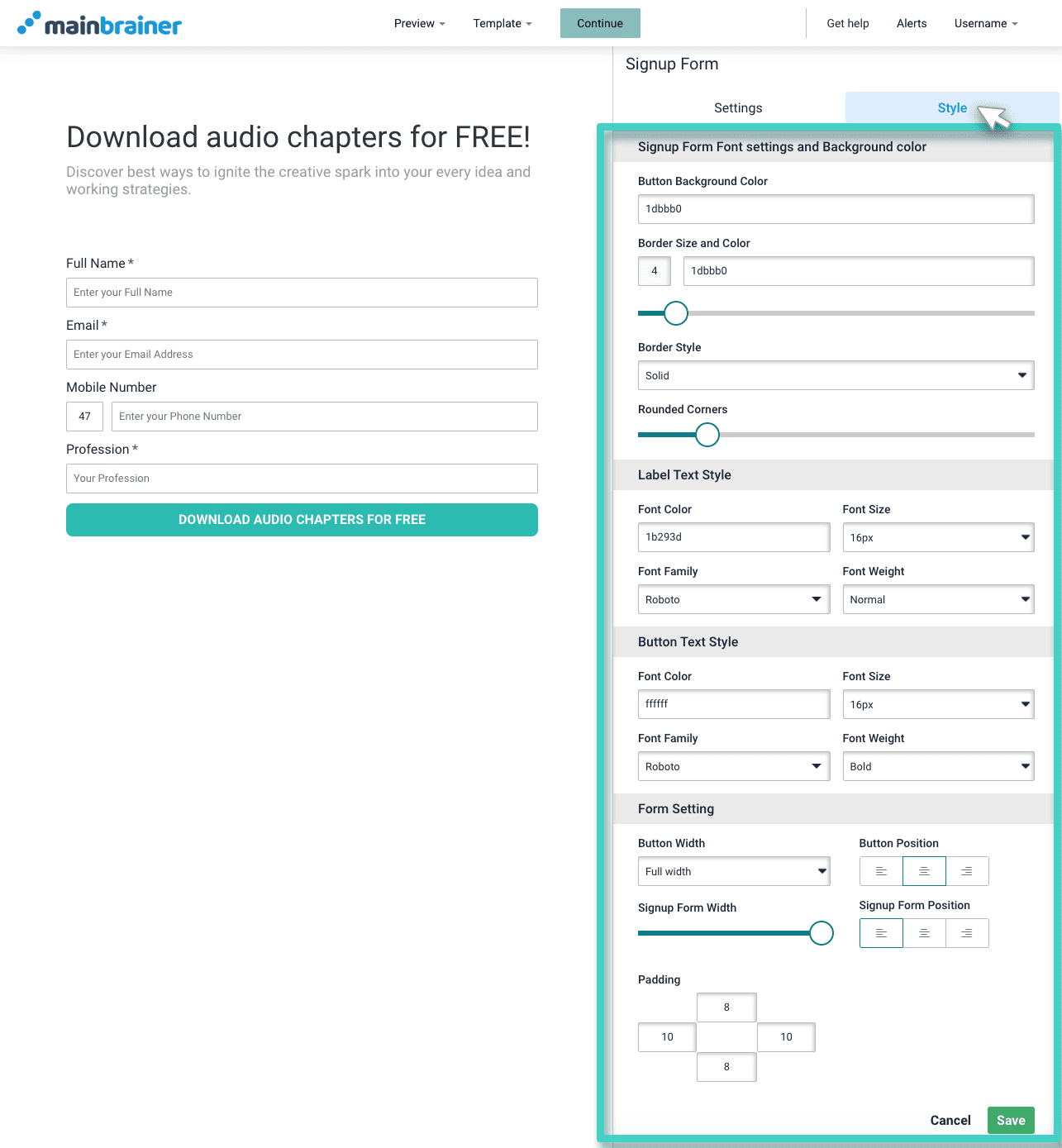 Landing page signup form. The signup form widget style tab is highlighted