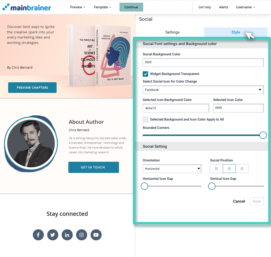 Social media widget style Landing page social media widget style settings