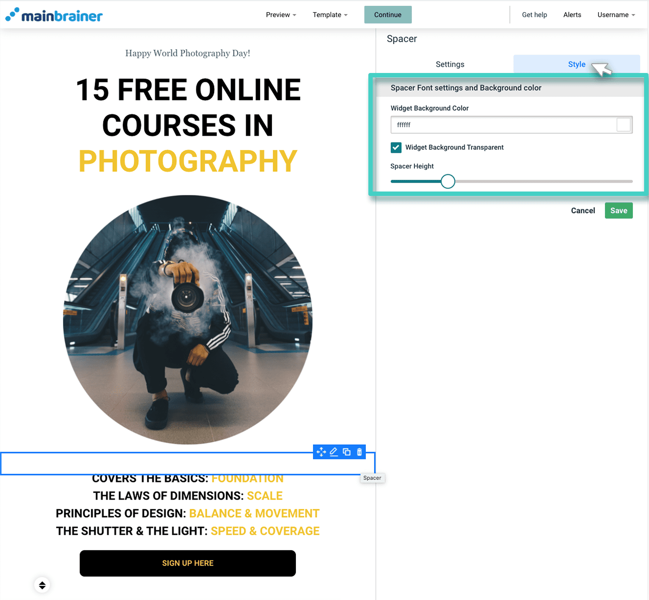 Landing page spacer style Landing Page Spacer Widget styling tab