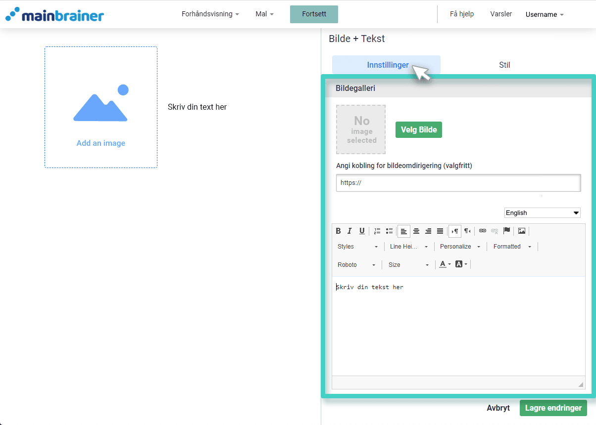 Landing page image and text settings Landingssidebilde og tekstwidget. Innstillinger-fanen er uthevet