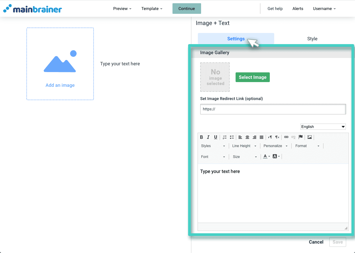 Landing page image and text settings Landing page image and text widget. The settings tab is highlighted