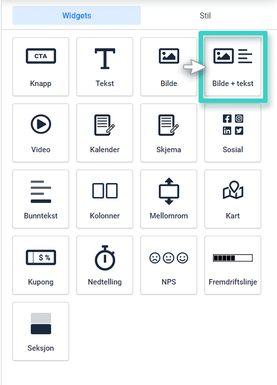 Landing page image and text widget Landingsside-, bilde- og tekstwidget. Bilde- og tekstwidgeten er uthevet