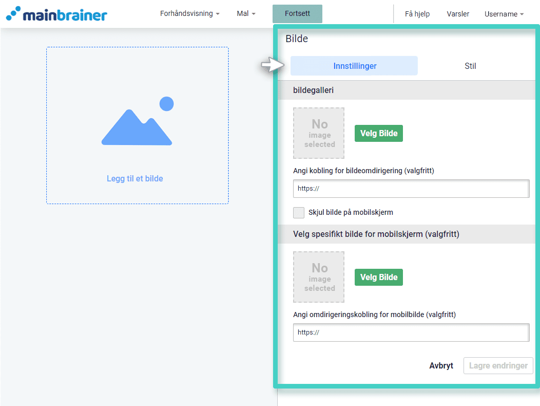 Landingssidebygger, bildewidgetinnstillinger