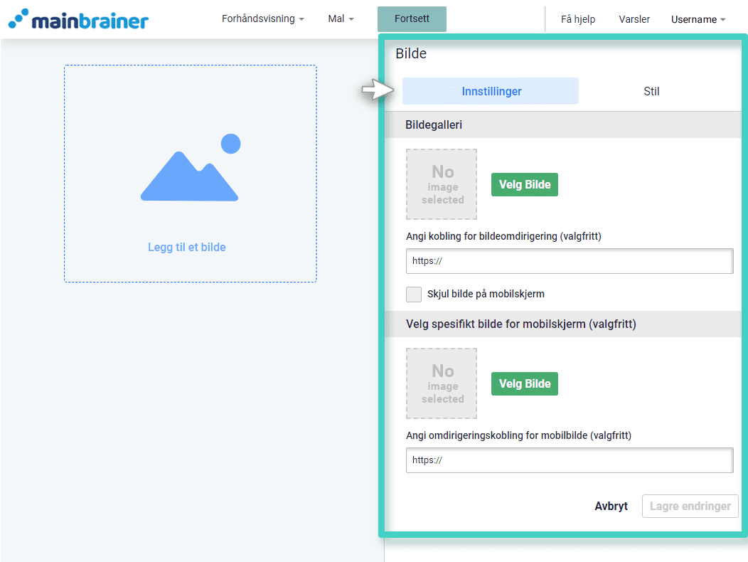Landing page image widget setting Ny landingsside, landingssidebygger. Innstillingsfanen for bildewidgeten er uthevet