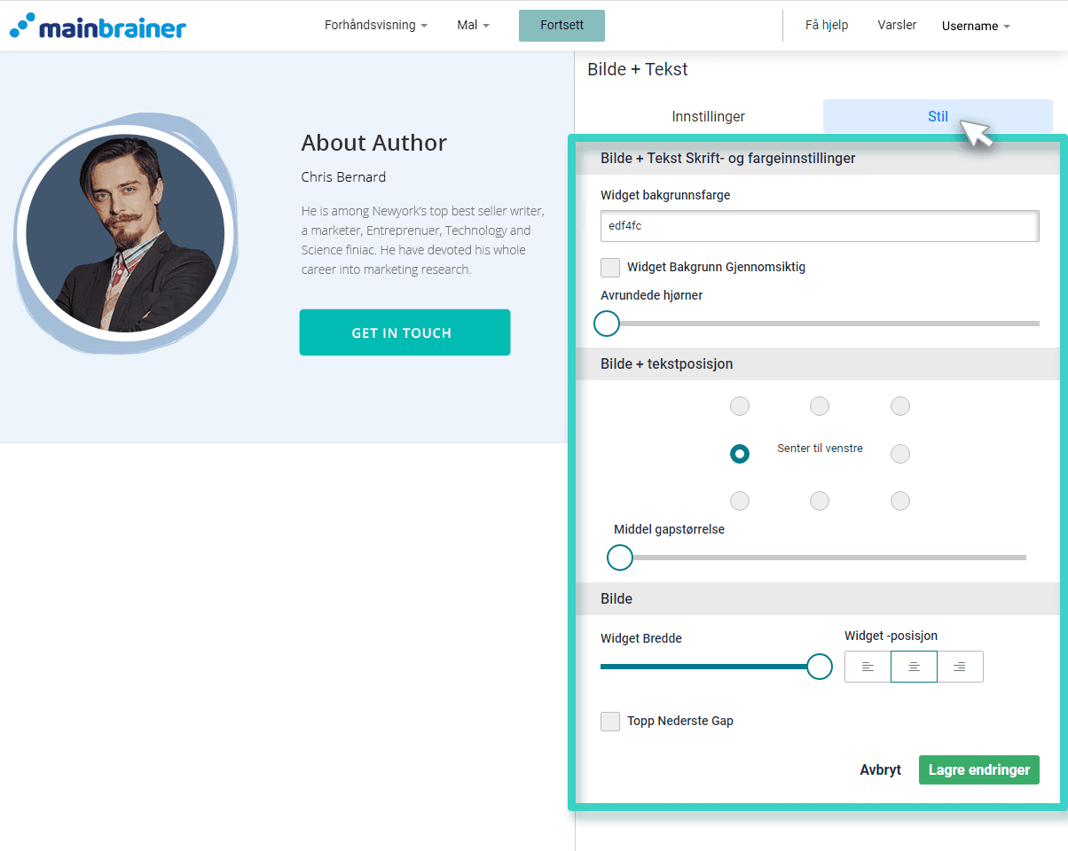 Landing page image and text style Landingssidebilde og tekstwidget. Stilfanen er uthevet