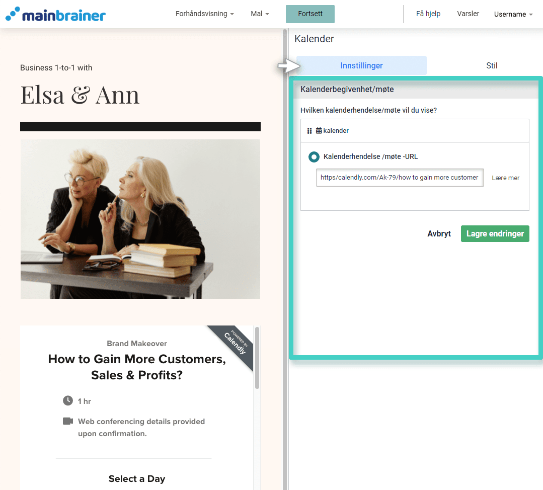 Innstillinger for kalenderwidget for landingssidebygger