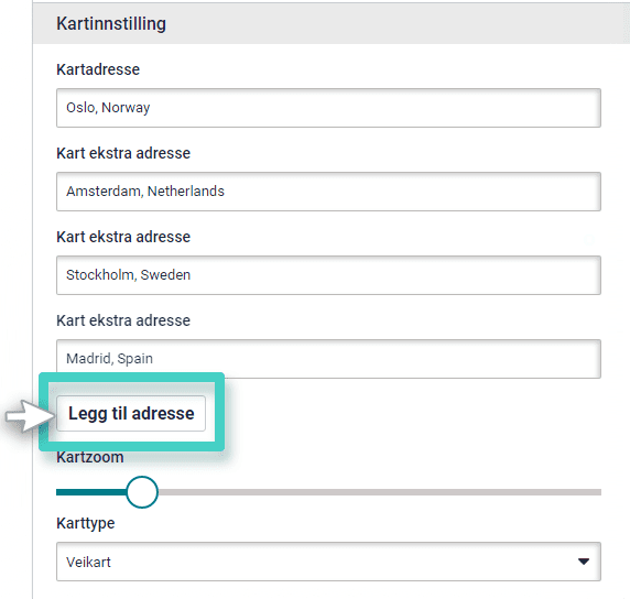 Landing page map address Kart over landingsside. Legg til adresse-fanen er uthevet