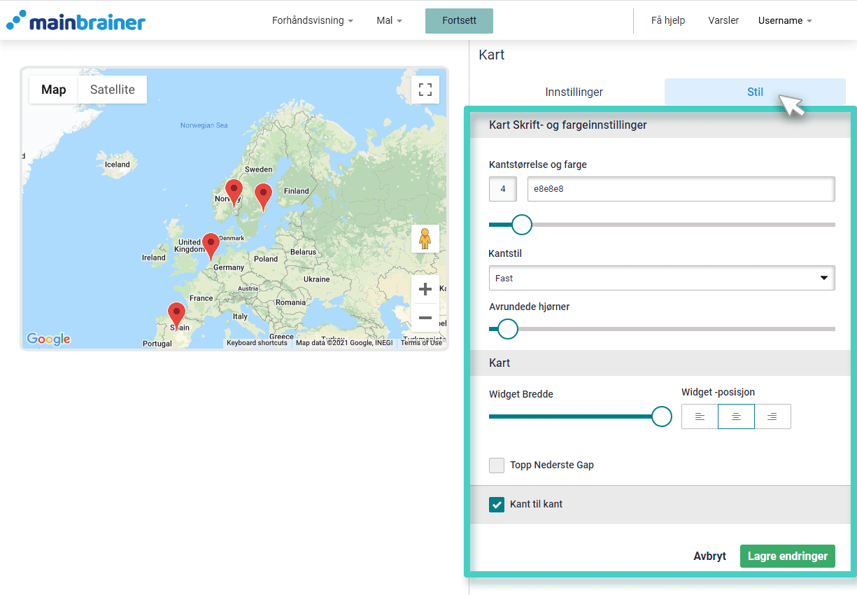 Landing page map style Kart over landingsside. Stilknappen er uthevet