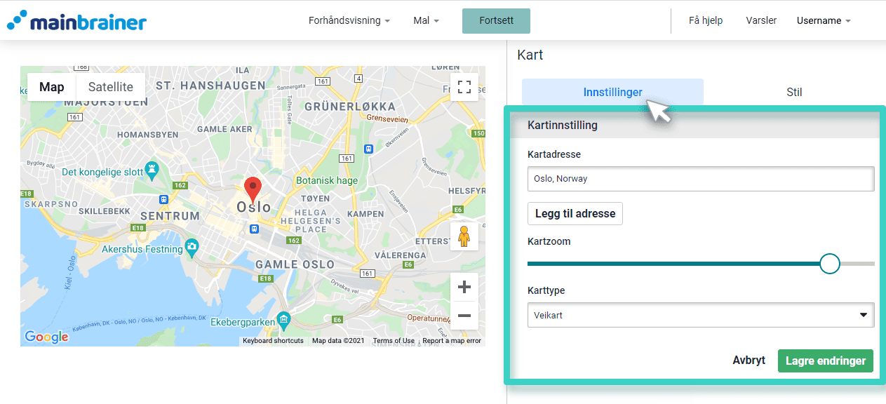 Landing page map settings Kart over landingsside. Innstillinger-fanen er uthevet