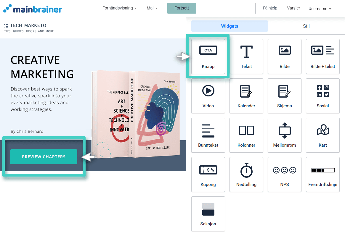 Landing page button widget Landingssidebyggerens knapp-widget