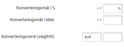 Landing page conversion goalrate or clicks Konverteringsmål for landingsside. Angi mål i prosent eller klikk
