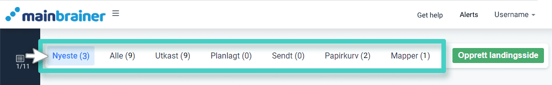 Landingssidestudio oversikt. Filterdelen er uthevet