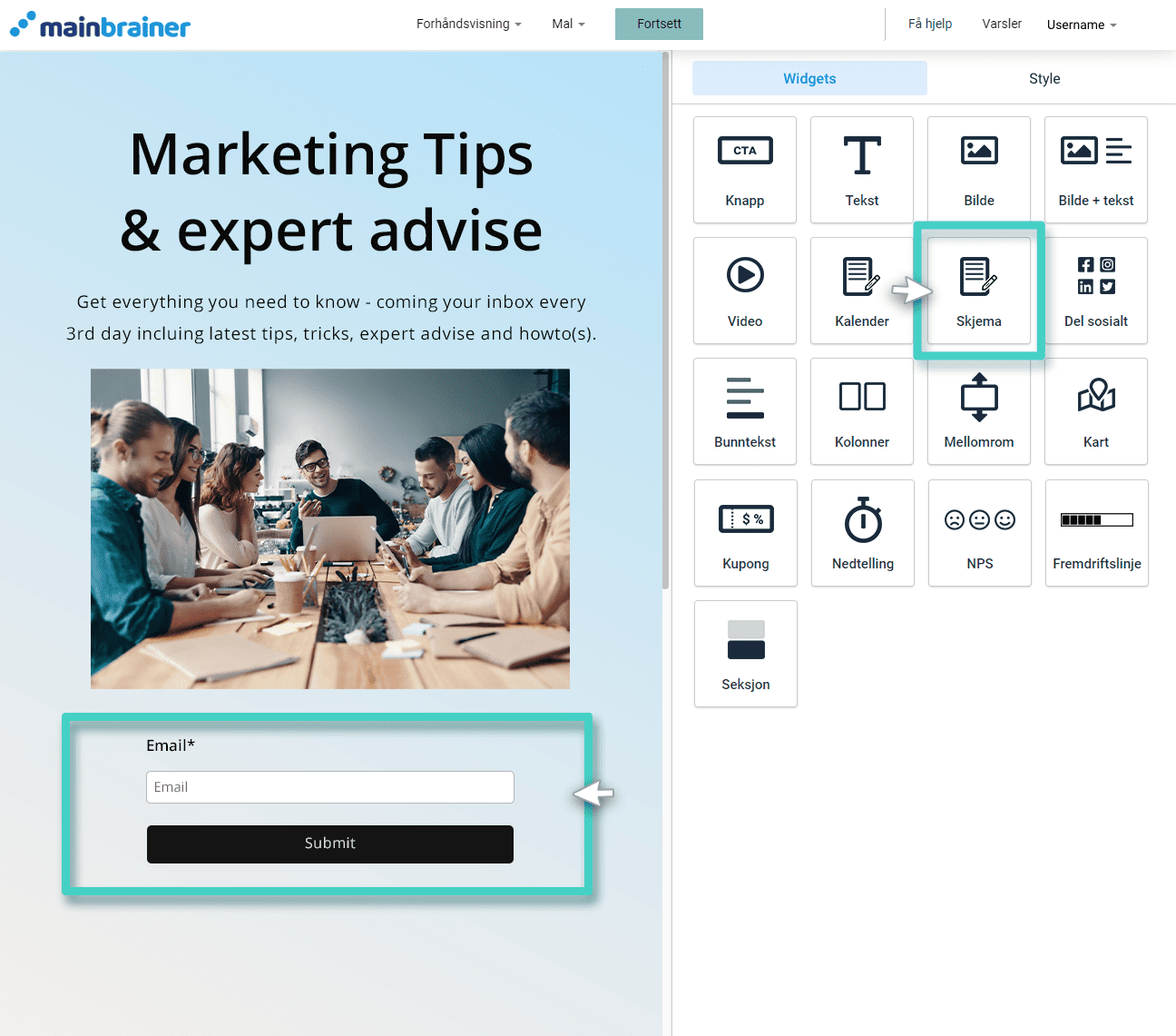 Dobbeltvalg på e-postregistreringer, landingssidearbeidsområde. Sett inn widget for registreringsskjema