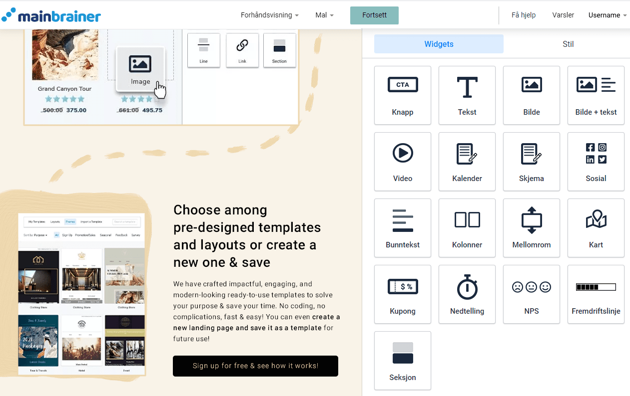 Landing page section elements Landingssideseksjon. Elementer legges til arbeidsområdet