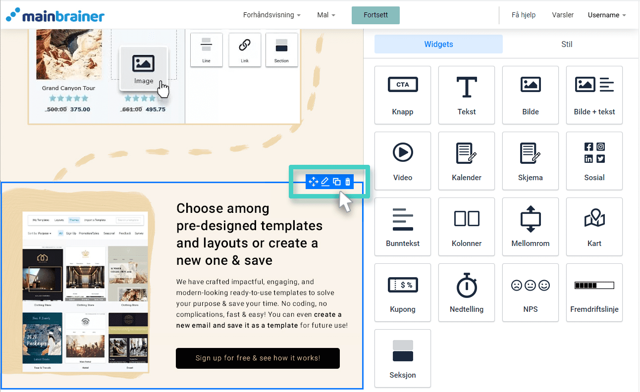 Landing page section actions Landingssideseksjon. Landingssideseksjonen er valgt, og viser seksjonshandlinger