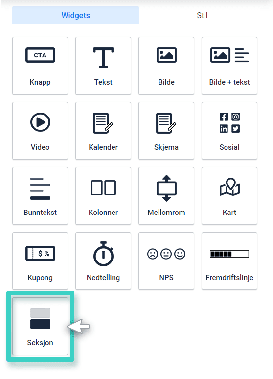 Landing page section widget Landingssideseksjon. Seksjonsmodulen er uthevet