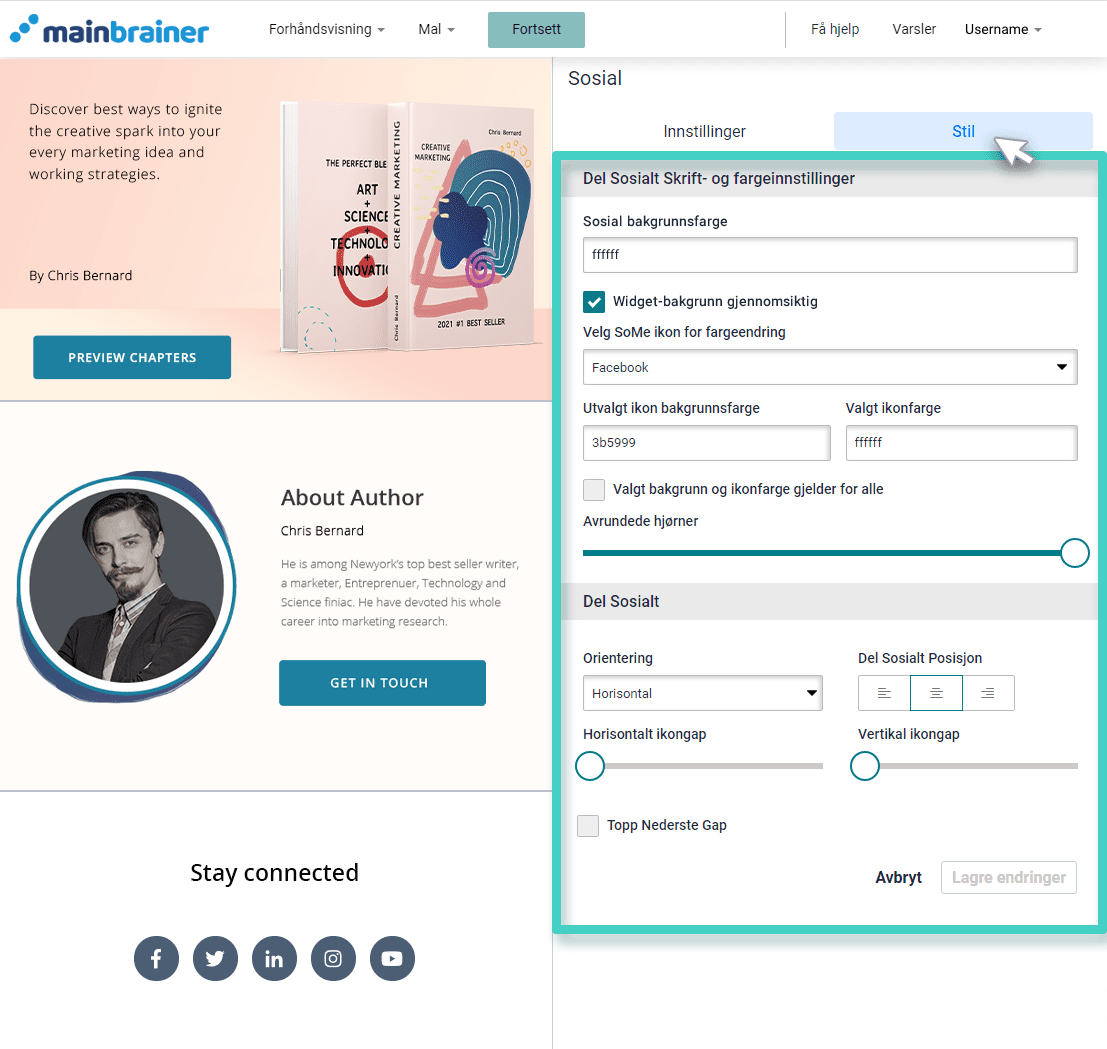 Social media widget style Stilinnstillinger for landingsside for sosiale medier-widgeter