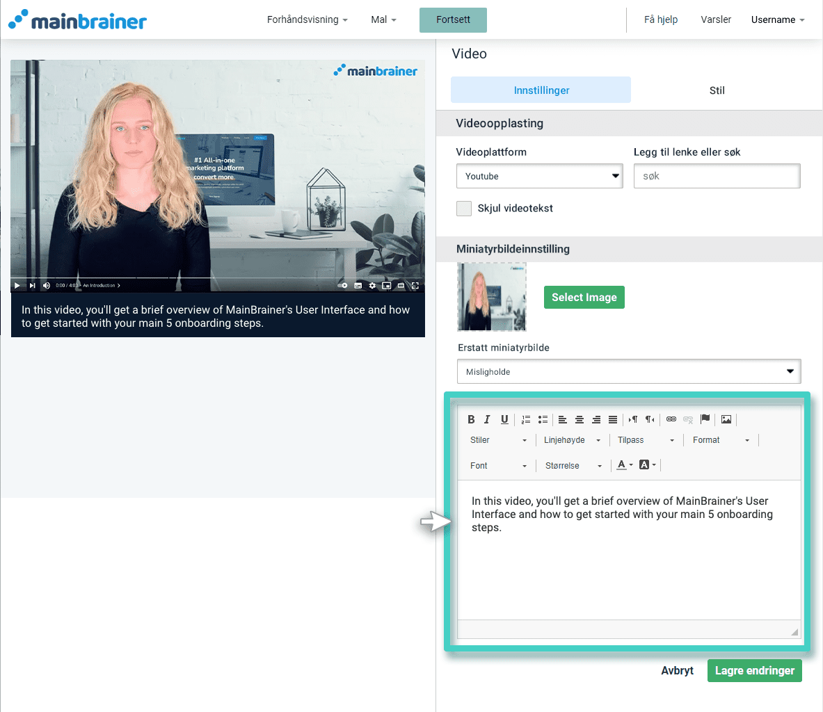 Landing page video caption Landingssidens Video-widget. Innstillinger for videotekst er uthevet