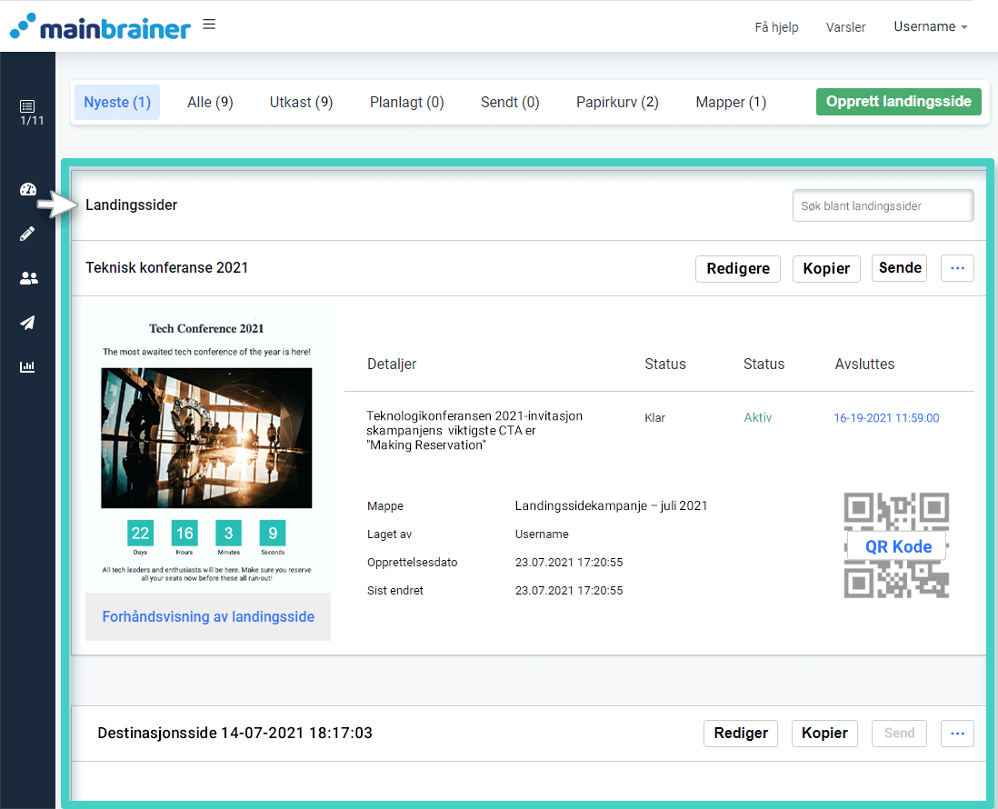 Landingssidestudio, landingssider oversikt