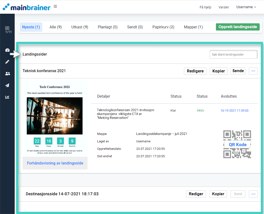 Oppføring av landingsside. Opprett, rediger, kopier, slett, aktiver