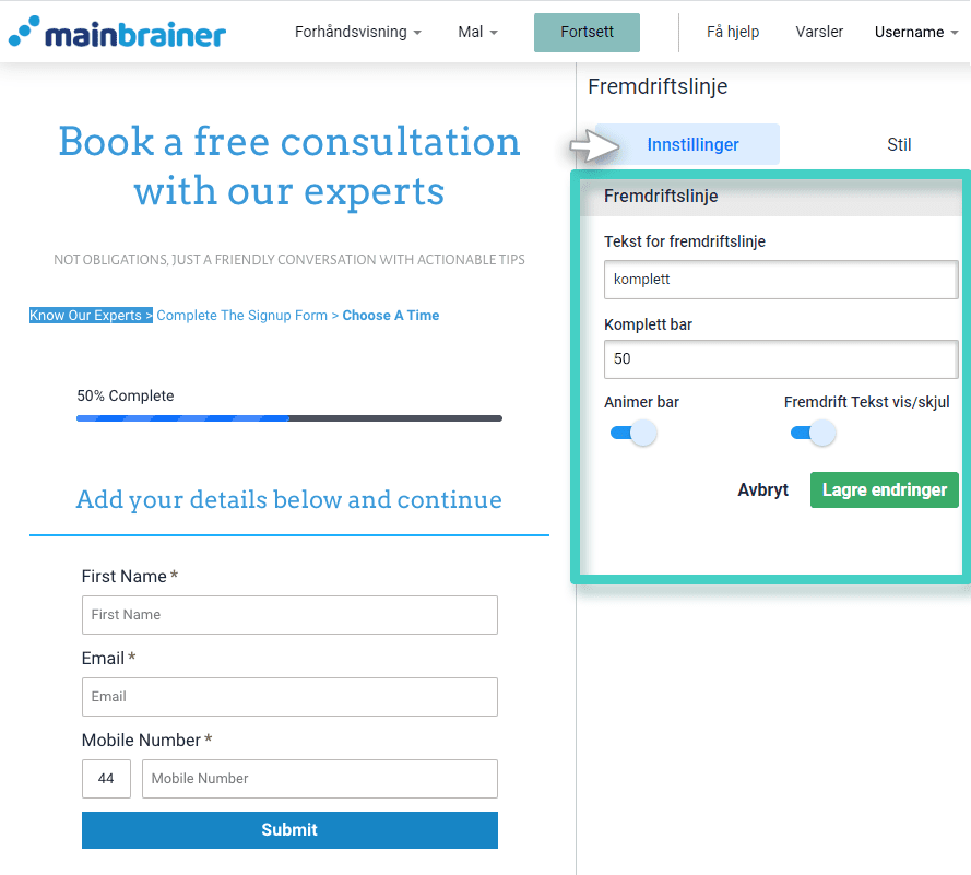 Landingsside fremdriftslinje. Innstillinger-fanen er uthevet
