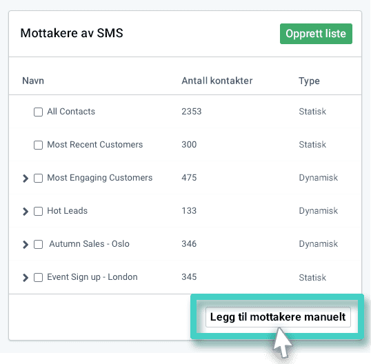 SMS-kampanjemottakere. Legg til mottakere manuelt utvidelse. Søk CRM-alternativ