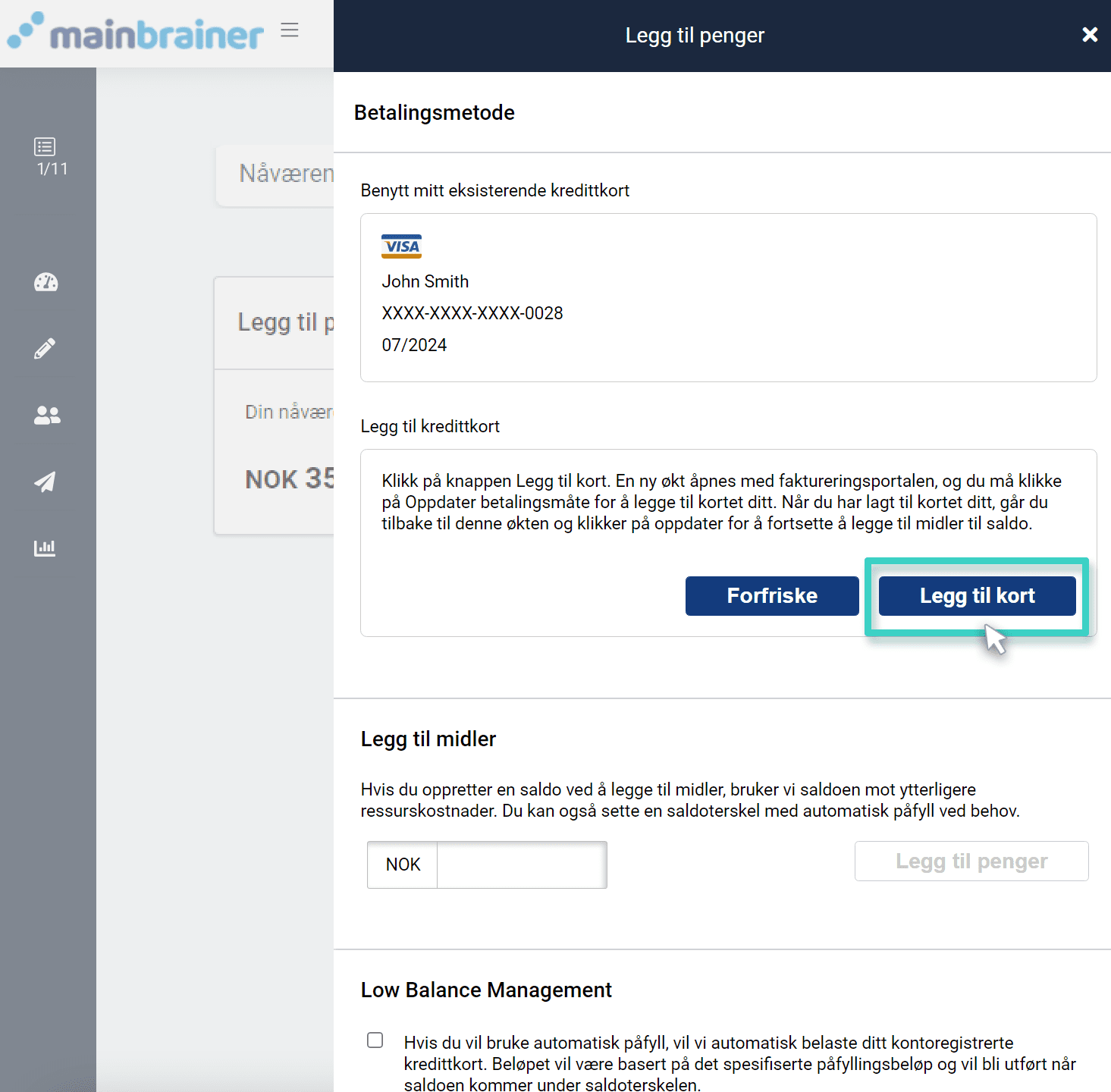 Add card, billing section Faktureringsdelen. Legg til kort-knappen er uthevet