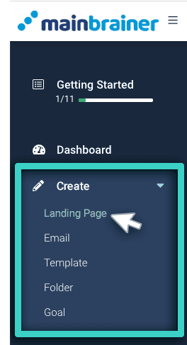 Landing page main menu Landing page manager, create menu. Landing page is is highlighted
