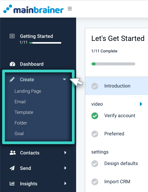 MainBrainer create menu MainBrainer Create menu. Options are Landing Page, Email, Template, Folder and Goals