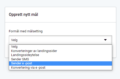 Email goal purpose Mål for e-post sending, forrige kampanje. Velg målformål fra en rullegardinmeny