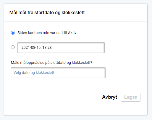 SMS goal period Tidligere mål for SMS-kampanjer. Angi start- og sluttdato for målene dine