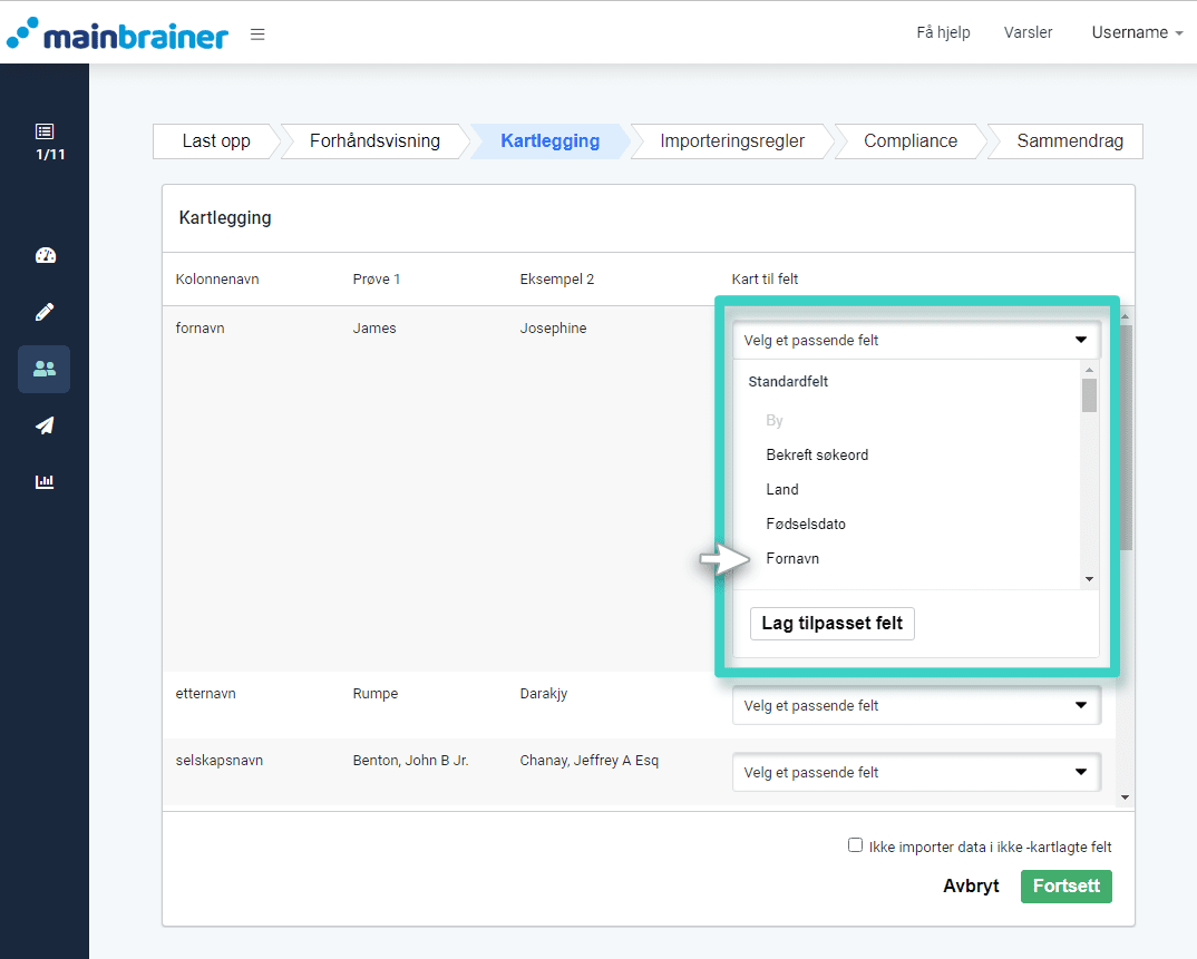Velg hvilket CRM-felt du vil tilordne dataene dine til