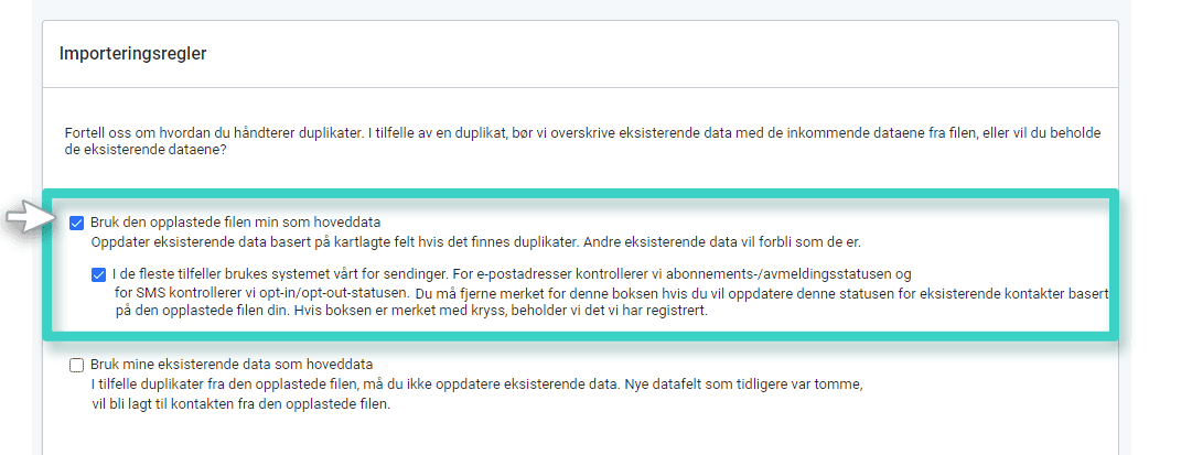 MainBrainer CRM import kontakter, import regler. Bruk fil som stamdata 