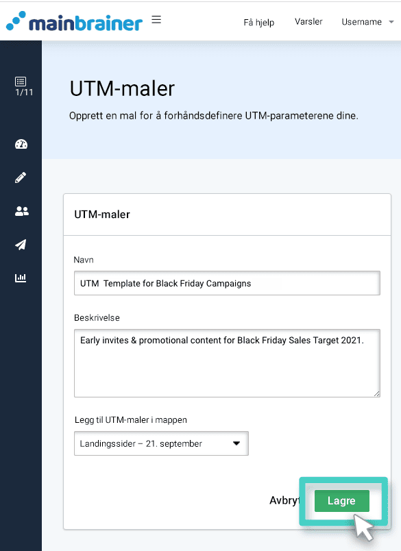 Opprett UTM-mal. Gi malen et navn og en beskrivelse