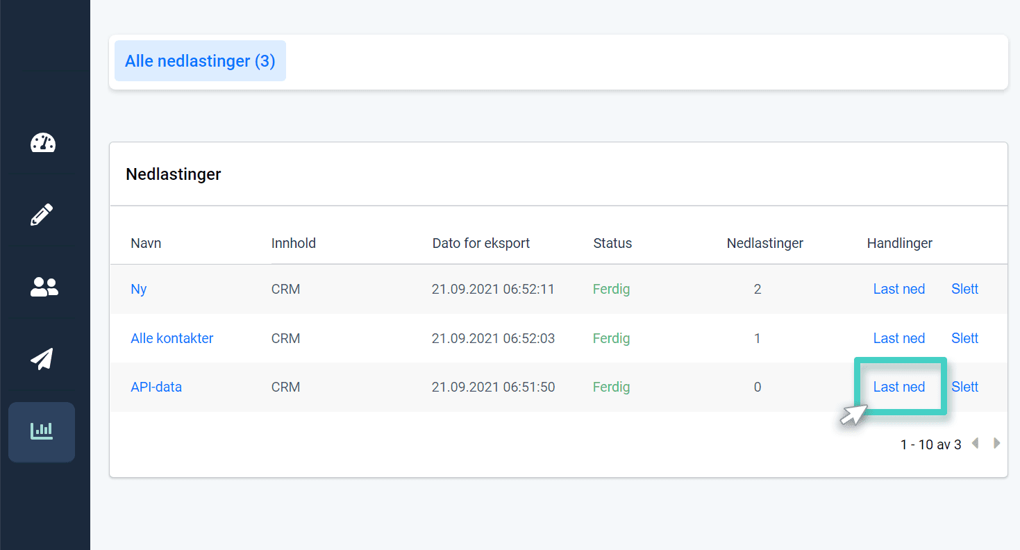 CRM export download button CRM eksportsegment, nedlastinger. Last ned-knappen er uthevet