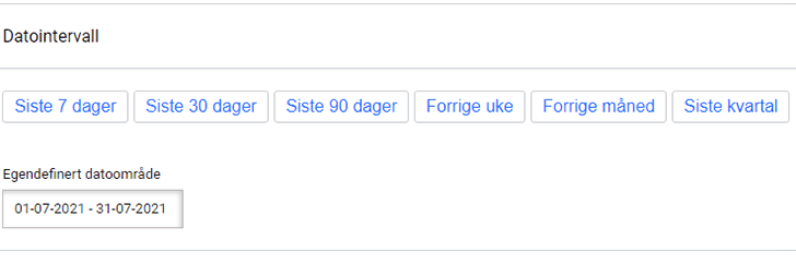 Alternativer for siste 7 dager, siste 30 dager eller siste 90 dager