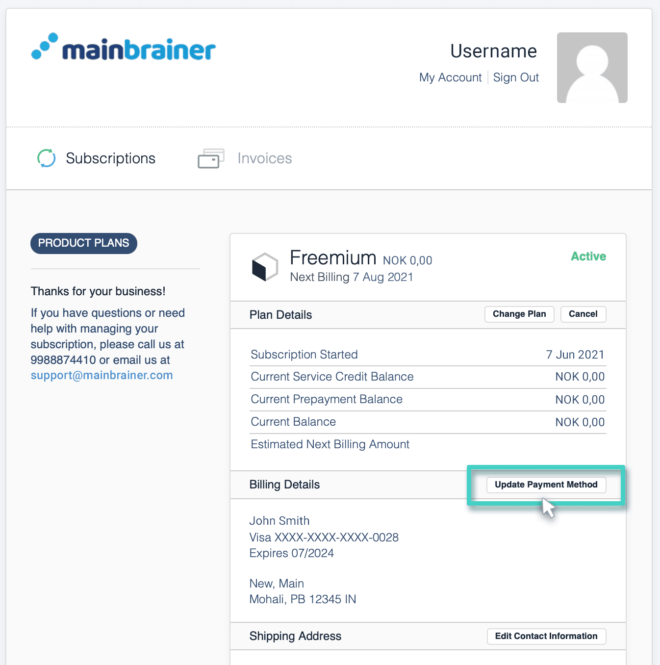 Update payment method button Faktureringsdelen. Oppdater betalingsmåte-knappen er uthevet