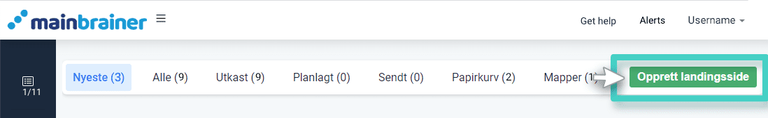 Landingssidestudio. Opprett landingsside-knappen er uthevet