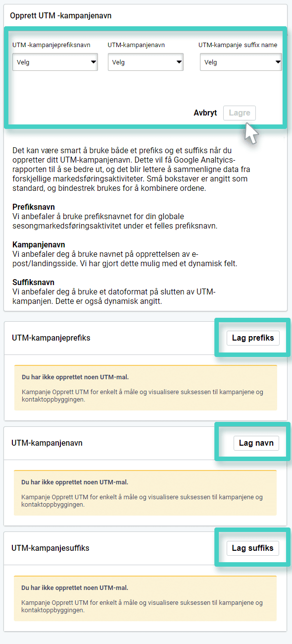 Opprett UTM-mal. Opprett UTM-kampanjenavn, prefiks og suffiks 