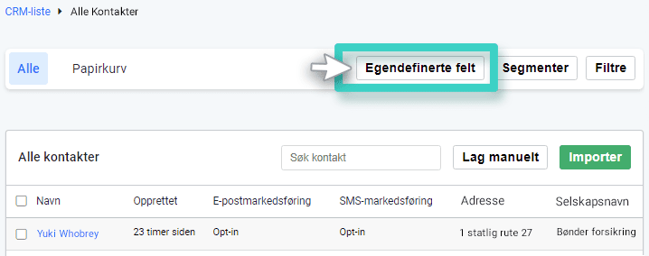 CRM create custom field button CRM, alle kontakter. Knapp for egendefinerte felt er uthevet