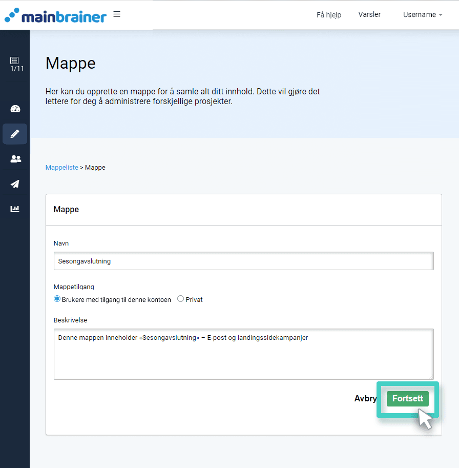 Give your folder a name and description Mappemeny, opprett navn og beskrivelse