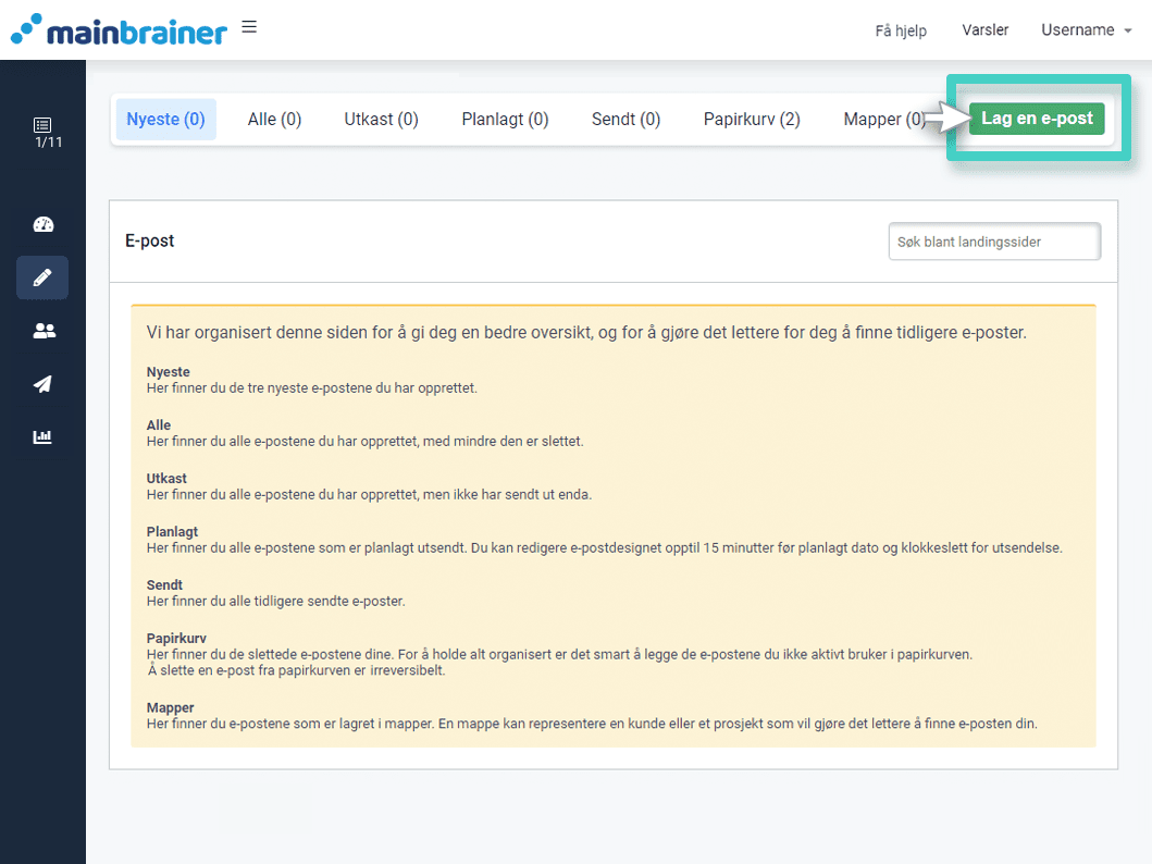 E-postkampanje, opprett ny e-post-knapp uthevet