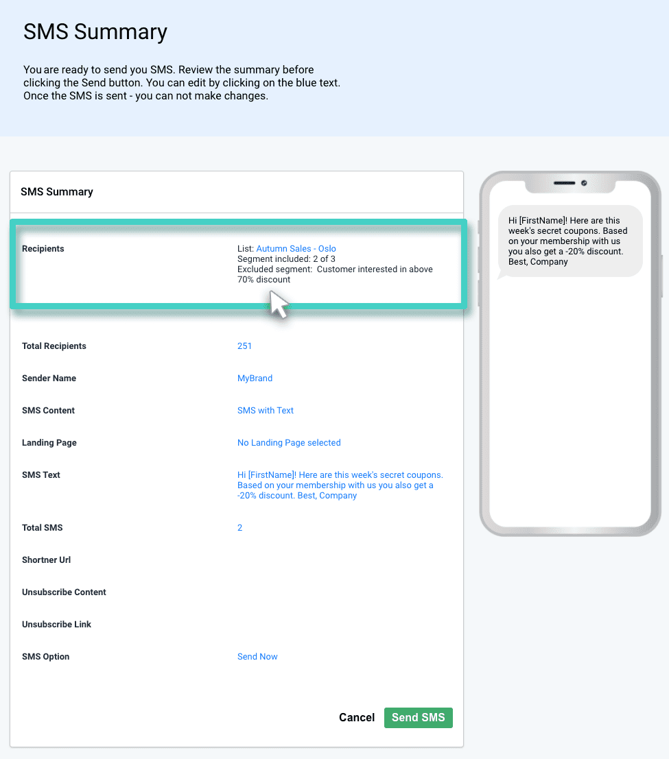 Marketing campaign, excluding contacts. SMS summary overview. The recipients section is highlighted