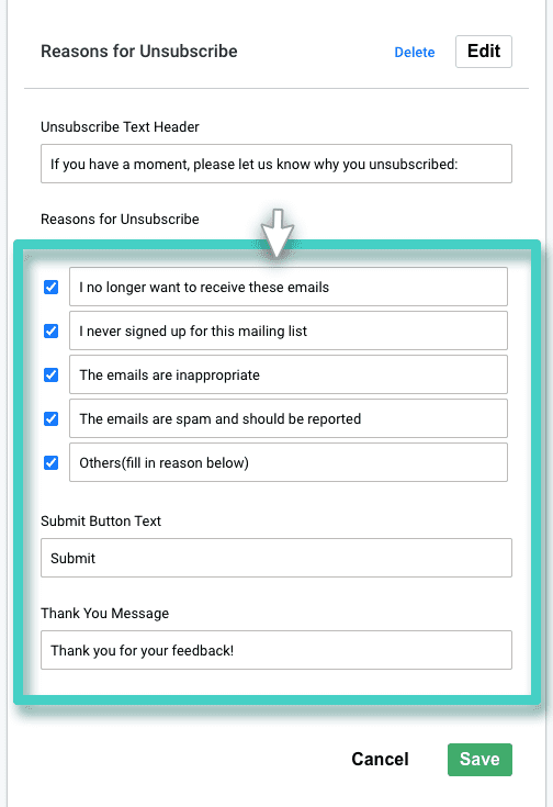 Unsubscribe reasons options template SMS and email unsubscribe template. List of options for unsubscribe reasons
