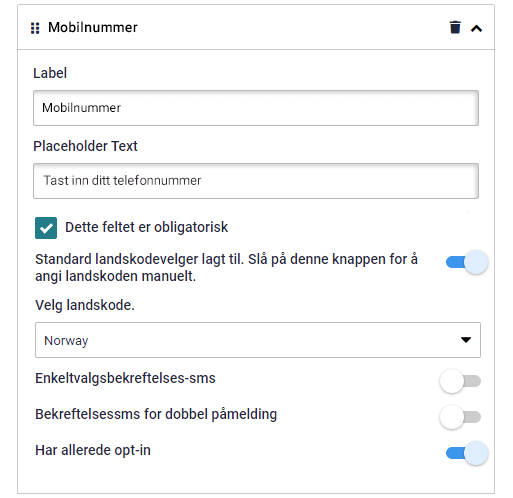 Signup form mobile settings Regler for kunderegistrering, feltinnstillinger for mobilnummer